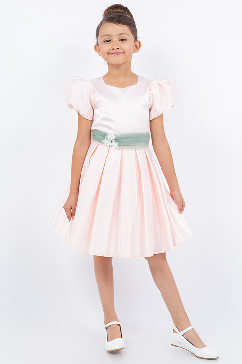 Girls Puff Sleeve Jewel Neck Organza Sash Flower Girl Dress 2-12